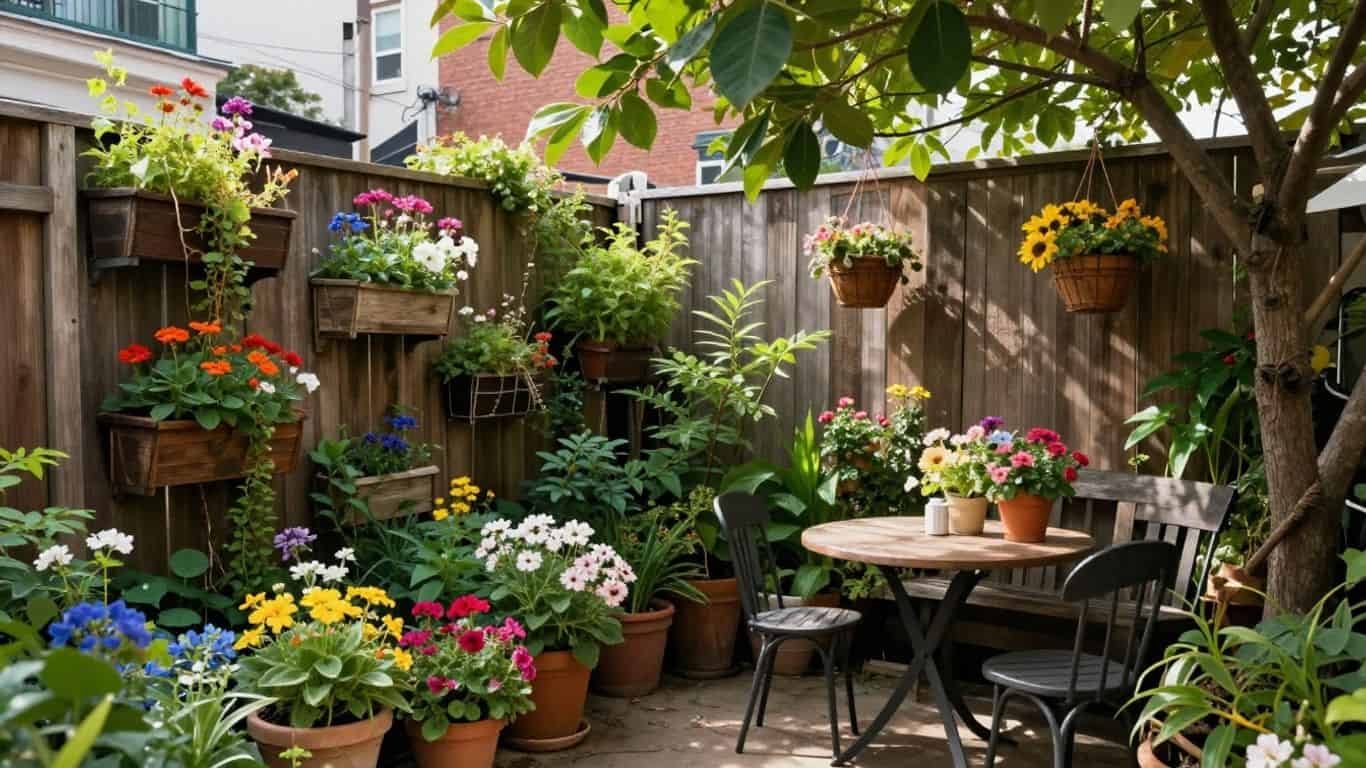 small garden with colourful flowers and seating